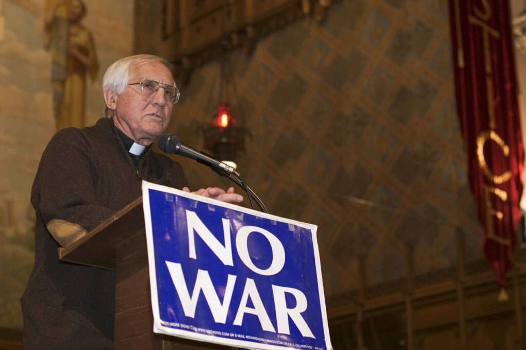 Catholic Bishop Thomas J. Gumbleton, auxiliary bishop of Detroit, addresses several hundred anti-war activists at Central United Methodist Church in Detroit March 18, 2005. The gathering was held to mark the second anniversary of the U.S. invasion of Iraq. Bishop Gumbleton, an outspoken advocate for peace and social justice, died April 4, 2024, at the age of 94. (OSV News photo/Jim West, CNS file)